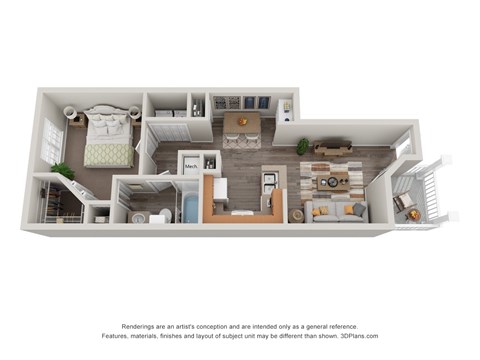 A 3D floor plan of a house with a living room, kitchen, and bedrooms.
